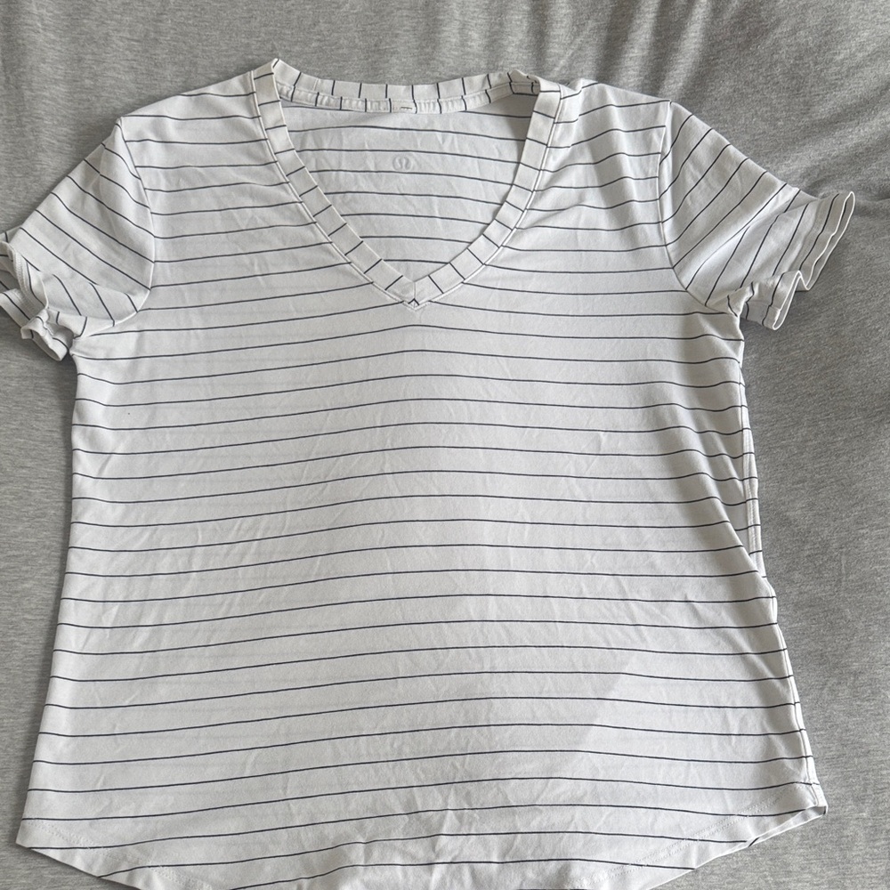 lululemon athletica White and Blue Striped V-Neck Tee